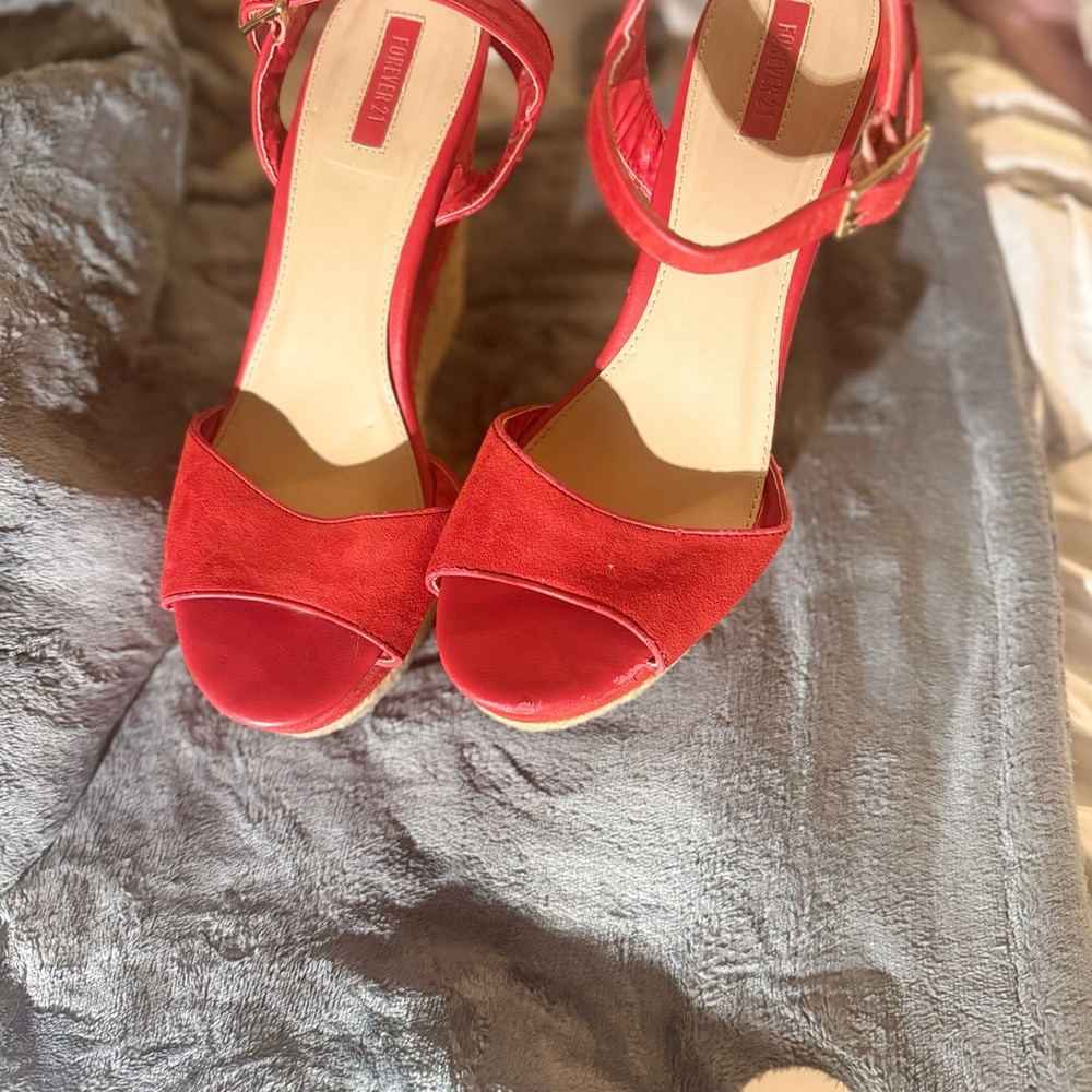 Forever 21 Red Open-Toe Wedge Sandals